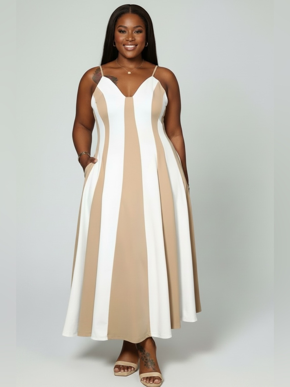 Striped V-Neck Spaghetti Strap Maxi Dress - White & Tan